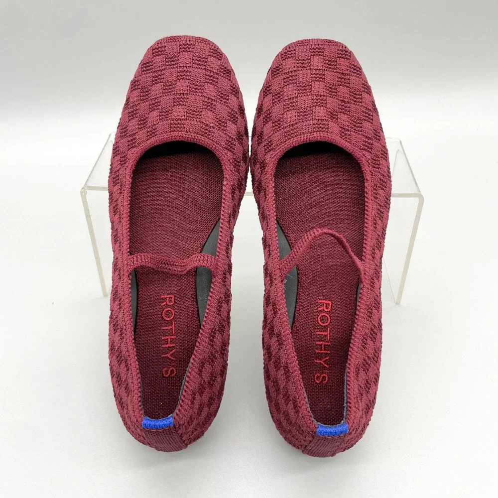 Rothys The Max Square Mary Jane Shoes Womens 6 Red Checkered Knit Ballet Flats